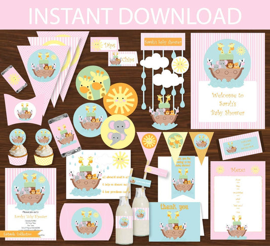 Noah's Ark Party PINK Printable Kit - INSTANT DOWNLOAD